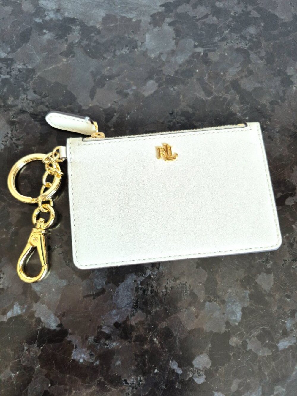Ralph Lauren Leather Zip Card Case with Keyring, Cream Leather, New With Tags